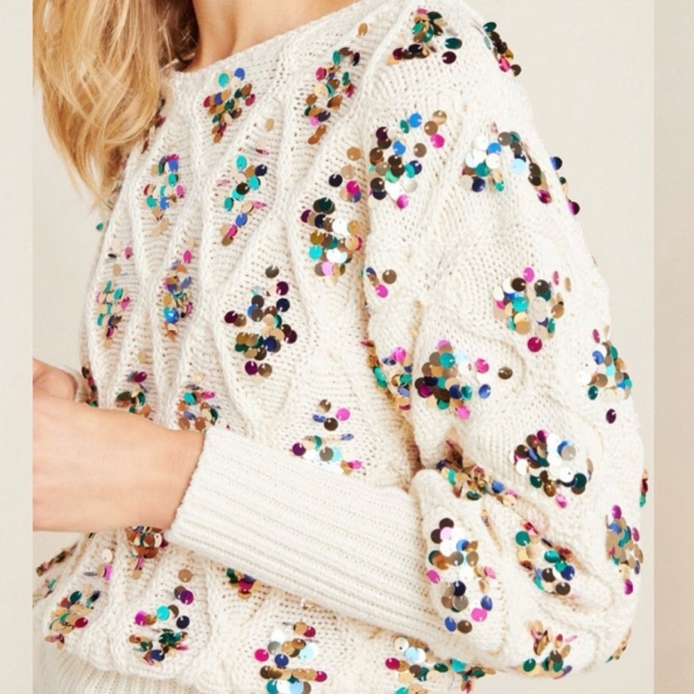 New Anthropologie $298 Multicolor Sequin Chunky Knit Cream Lara Sweater Small